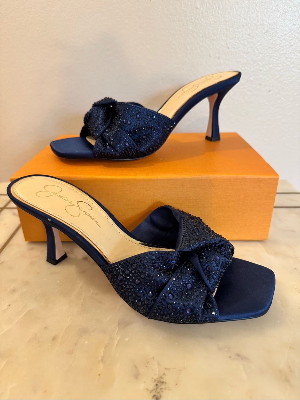 Jessica Simpson Navy Crystal Knot Satin Mule Heels